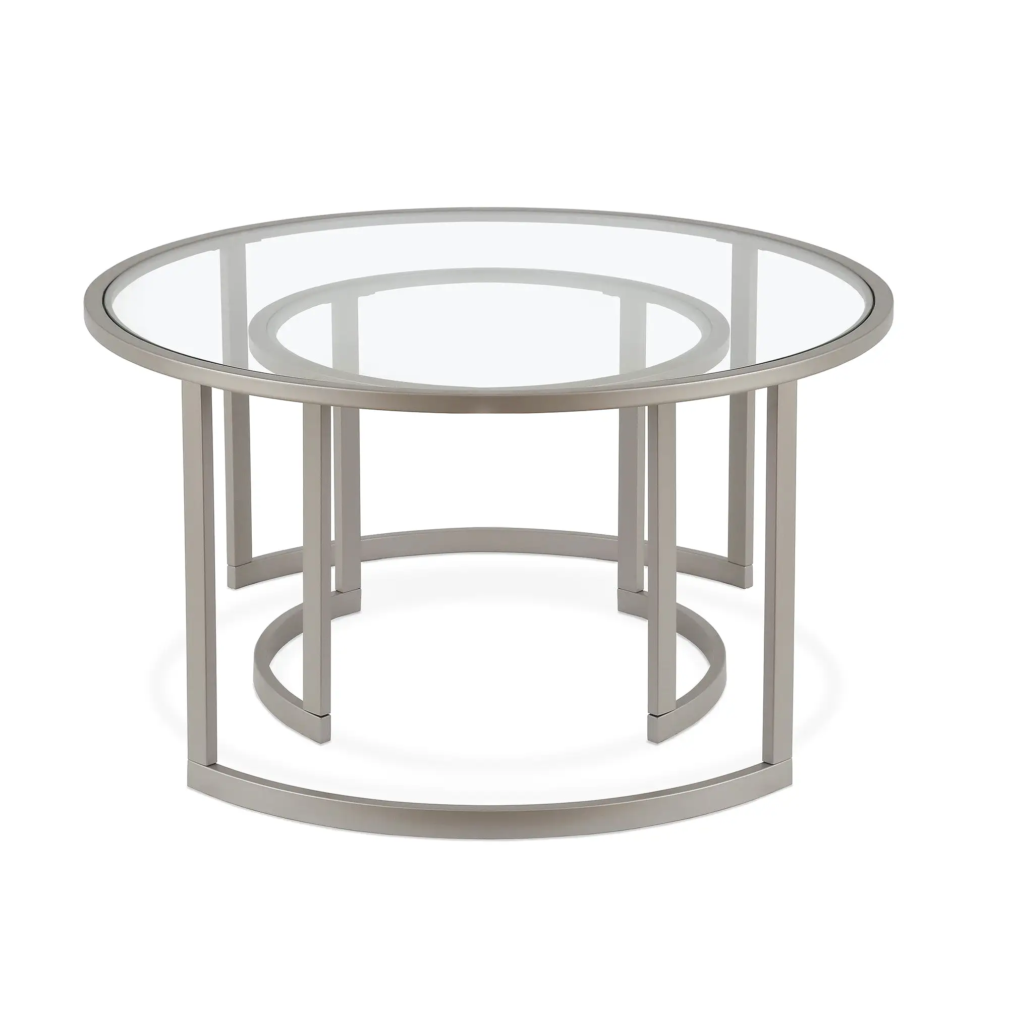 Set of Two 36 Nickel Glass And Steel Round Nested Coffee Tables