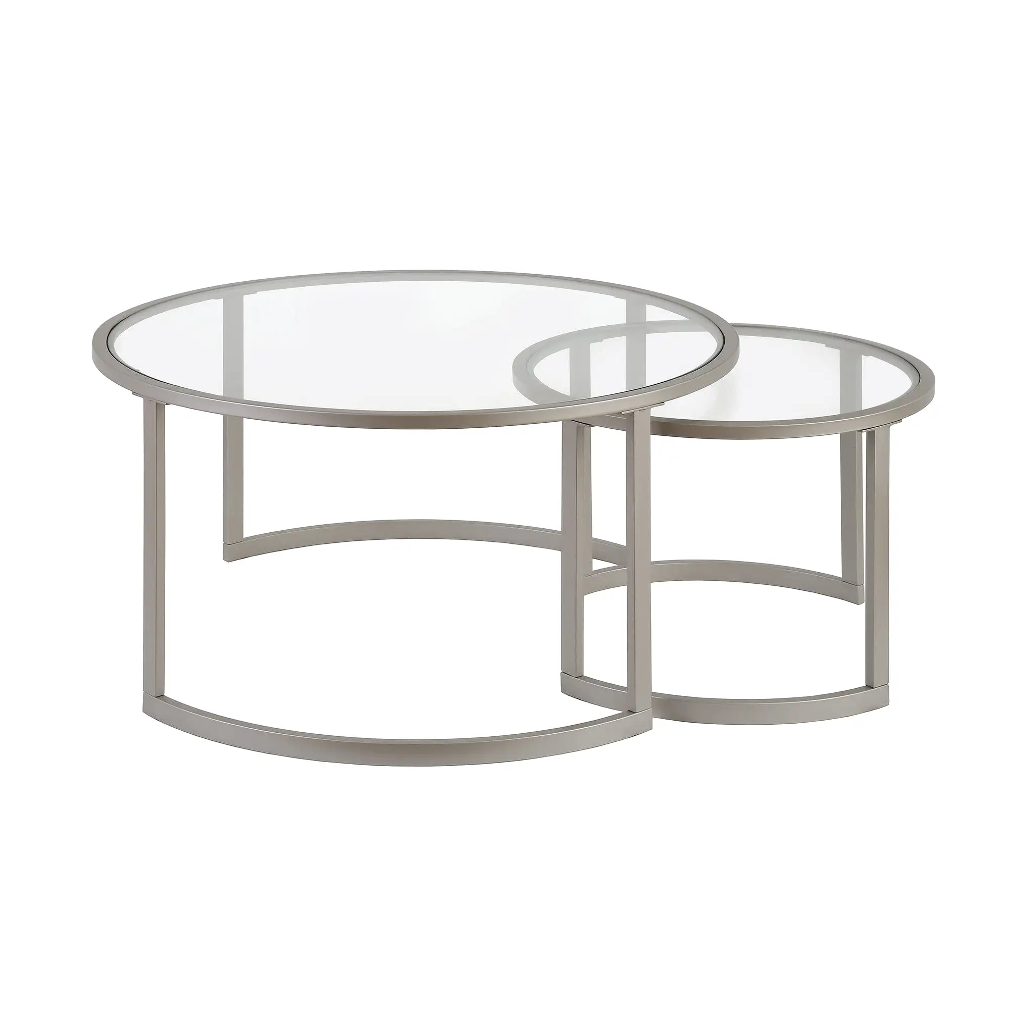 Set of Two 36 Nickel Glass And Steel Round Nested Coffee Tables