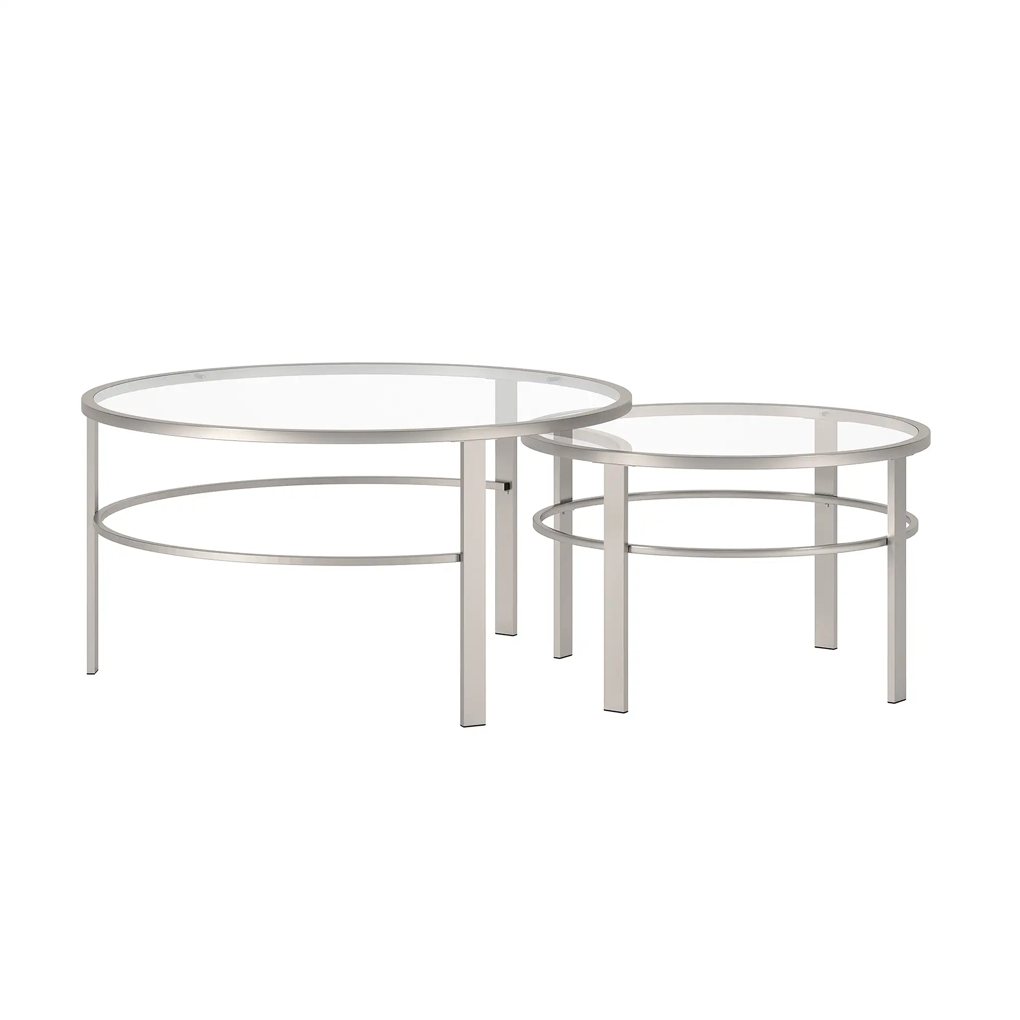 Set of Two 36 Silver Glass And Steel Round Nested Coffee Tables