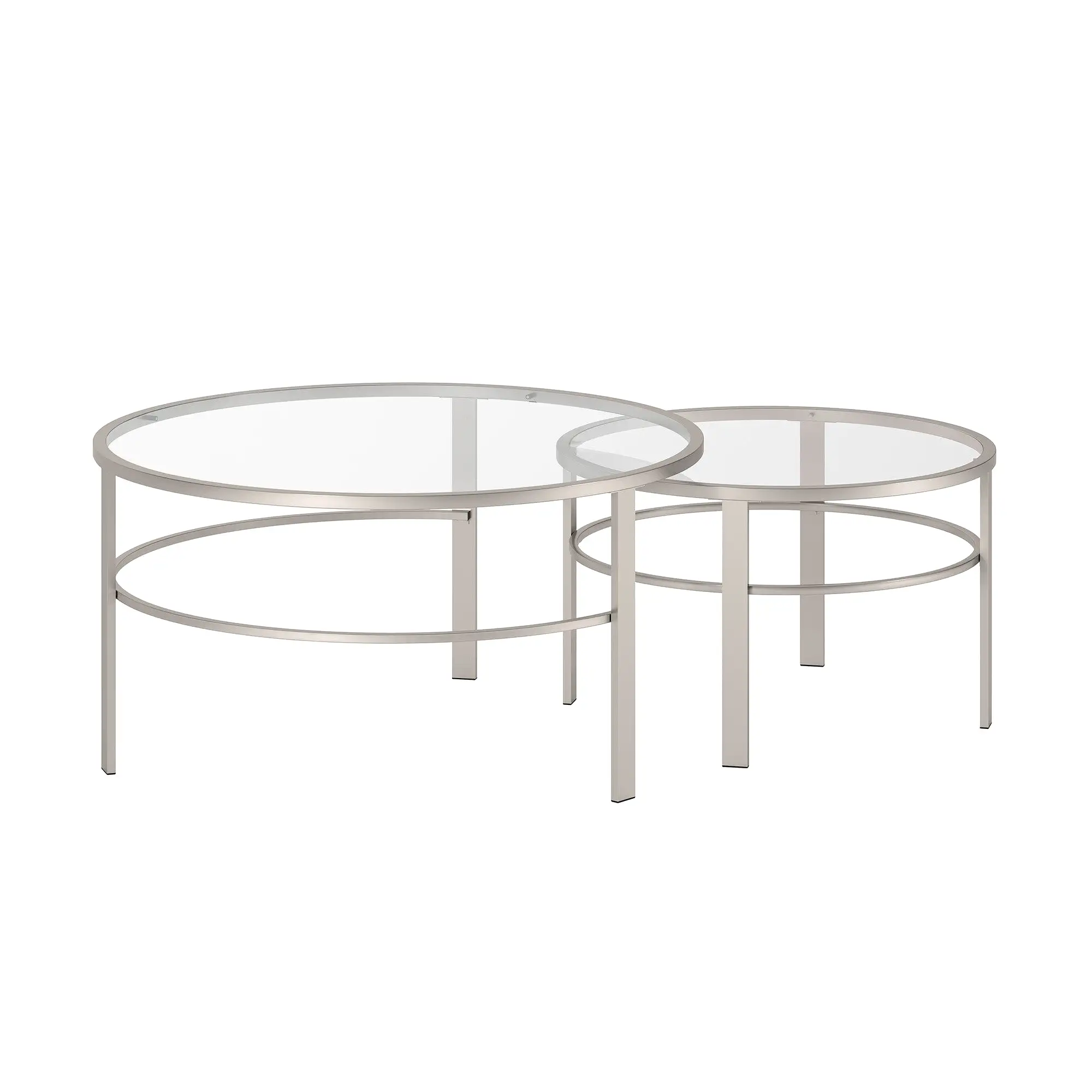 Set of Two 36 Silver Glass And Steel Round Nested Coffee Tables