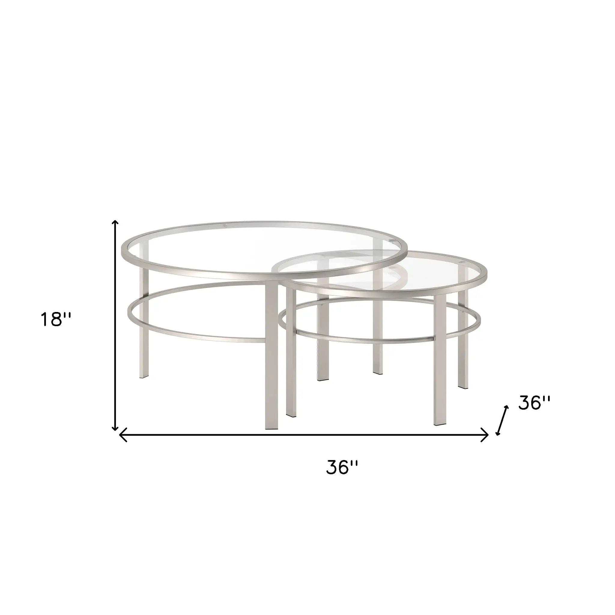 Set of Two 36 Silver Glass And Steel Round Nested Coffee Tables