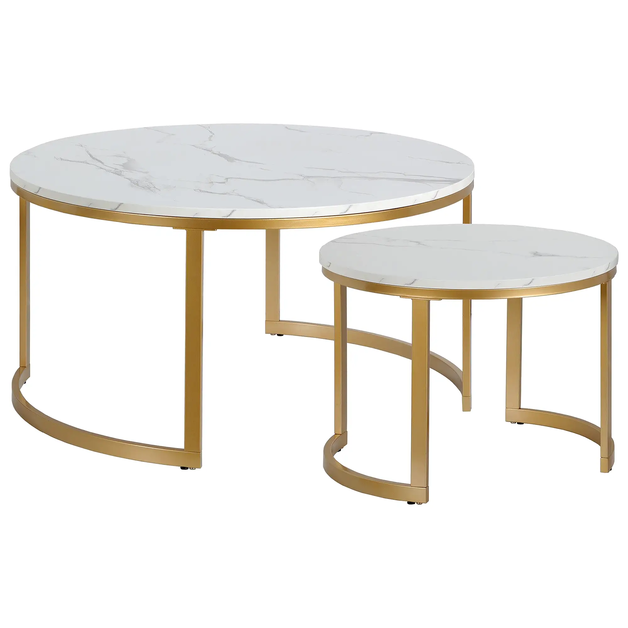 Set of Two 36 White And Gold Faux Marble And Steel Round Nested Coffee Tables