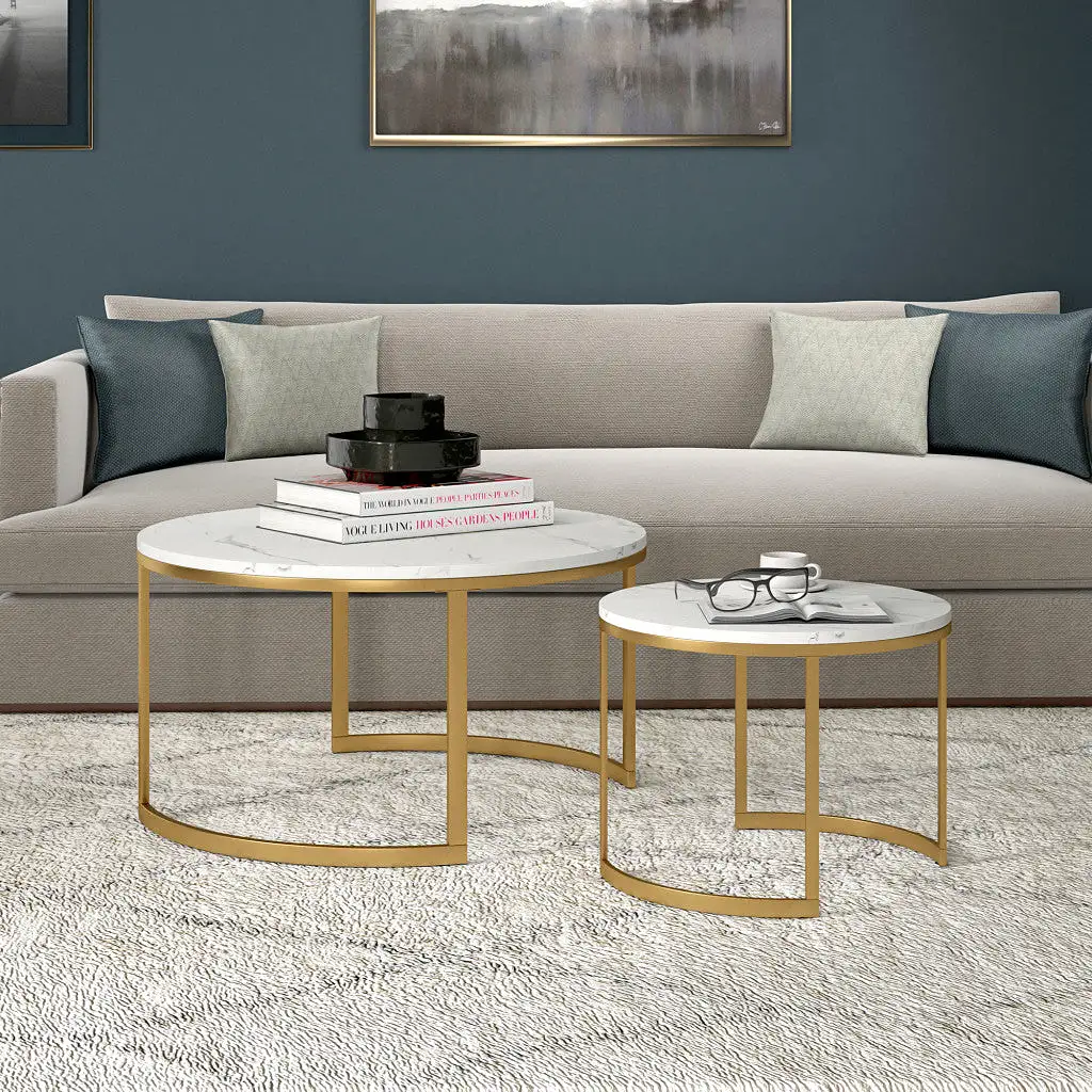 Set of Two 36 White And Gold Faux Marble And Steel Round Nested Coffee Tables