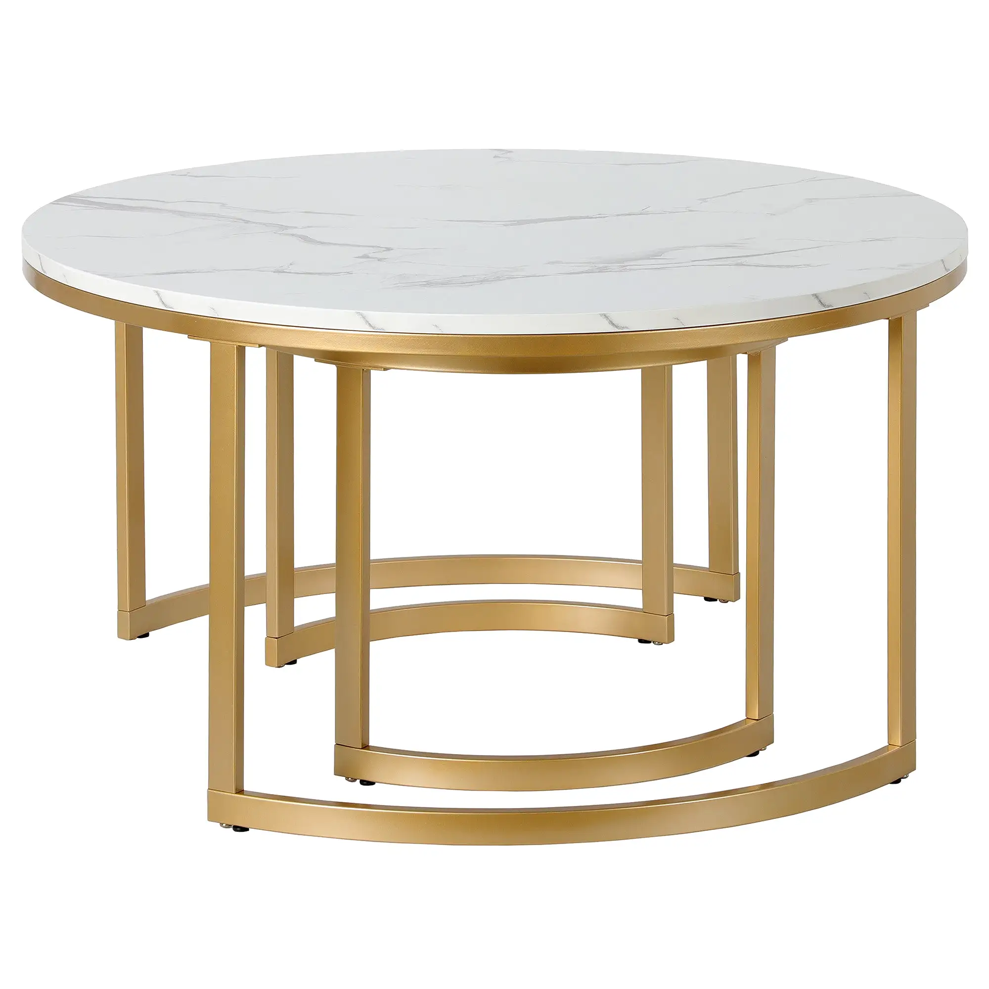 Set of Two 36 White And Gold Faux Marble And Steel Round Nested Coffee Tables