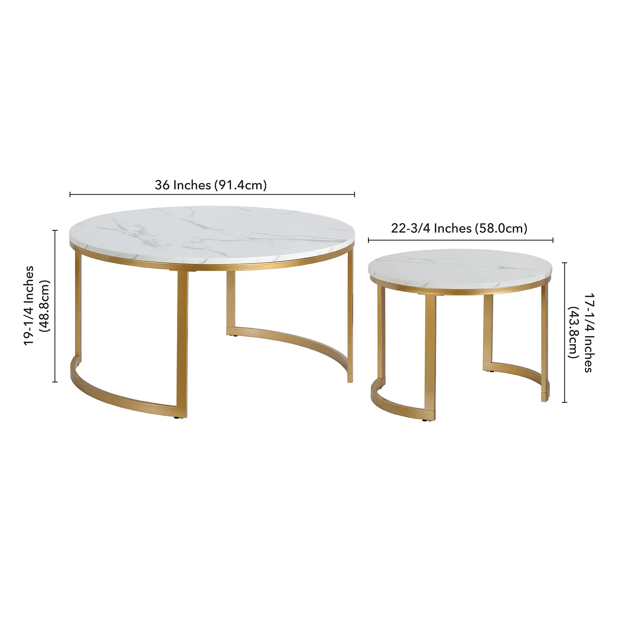 Set of Two 36 White And Gold Faux Marble And Steel Round Nested Coffee Tables