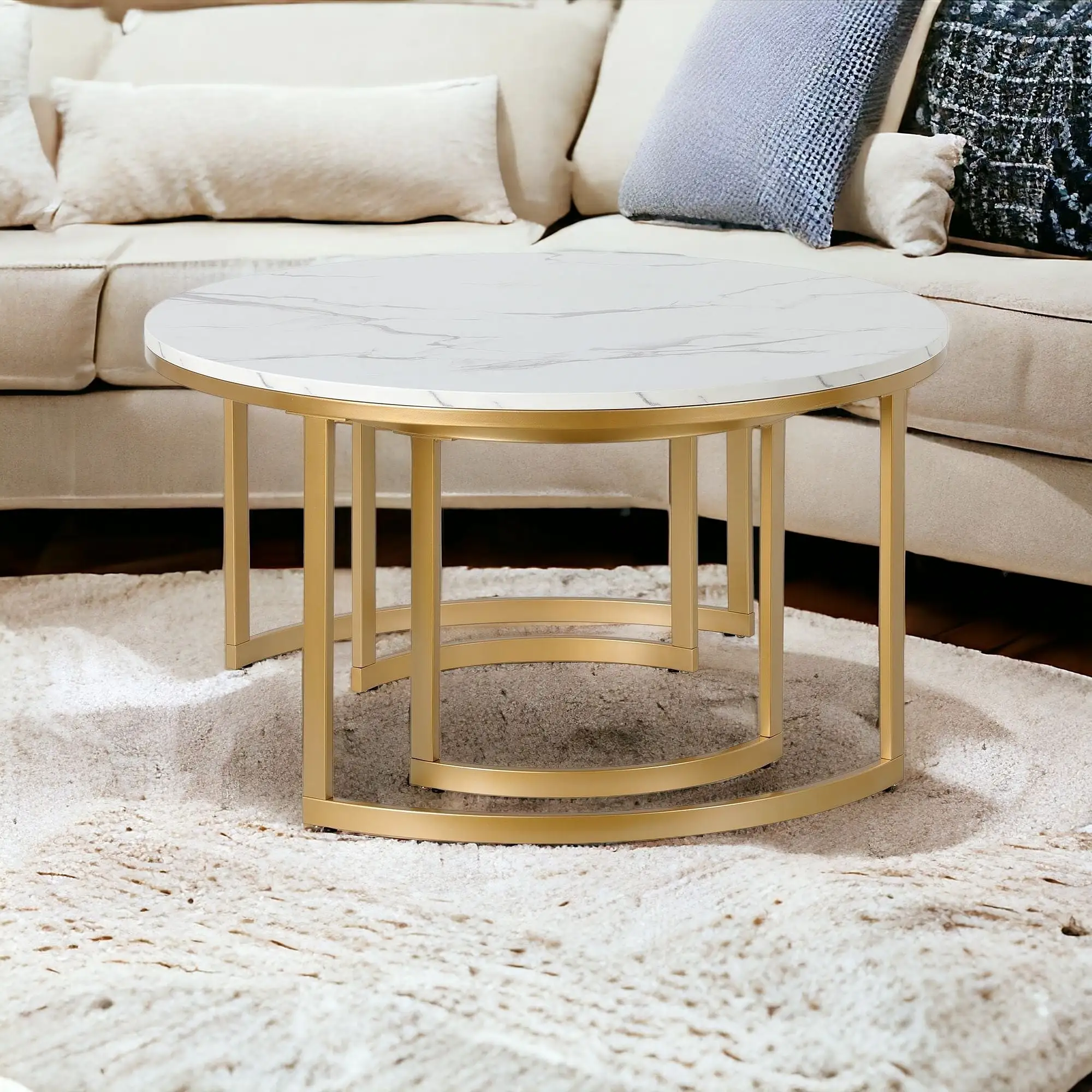 Set of Two 36 White And Gold Faux Marble And Steel Round Nested Coffee Tables