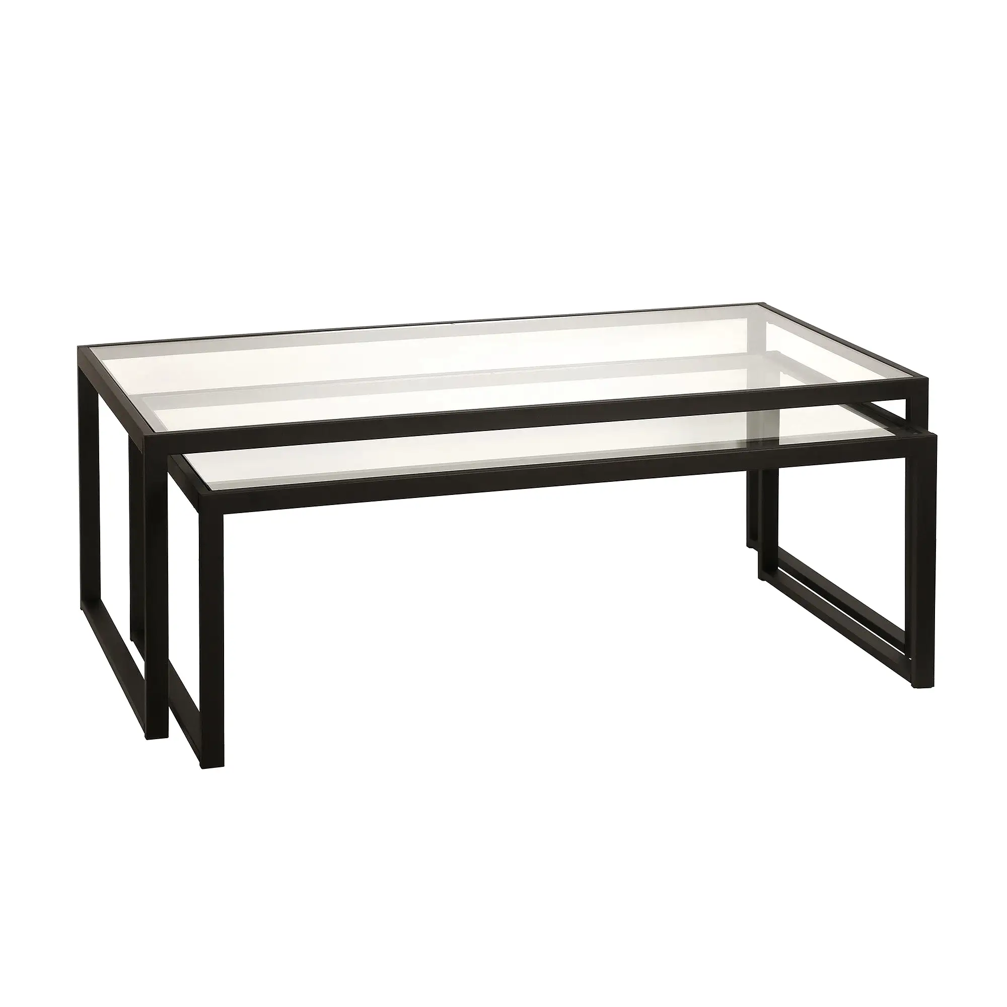 Set of Two 46 Black Glass And Steel Nested Coffee Tables