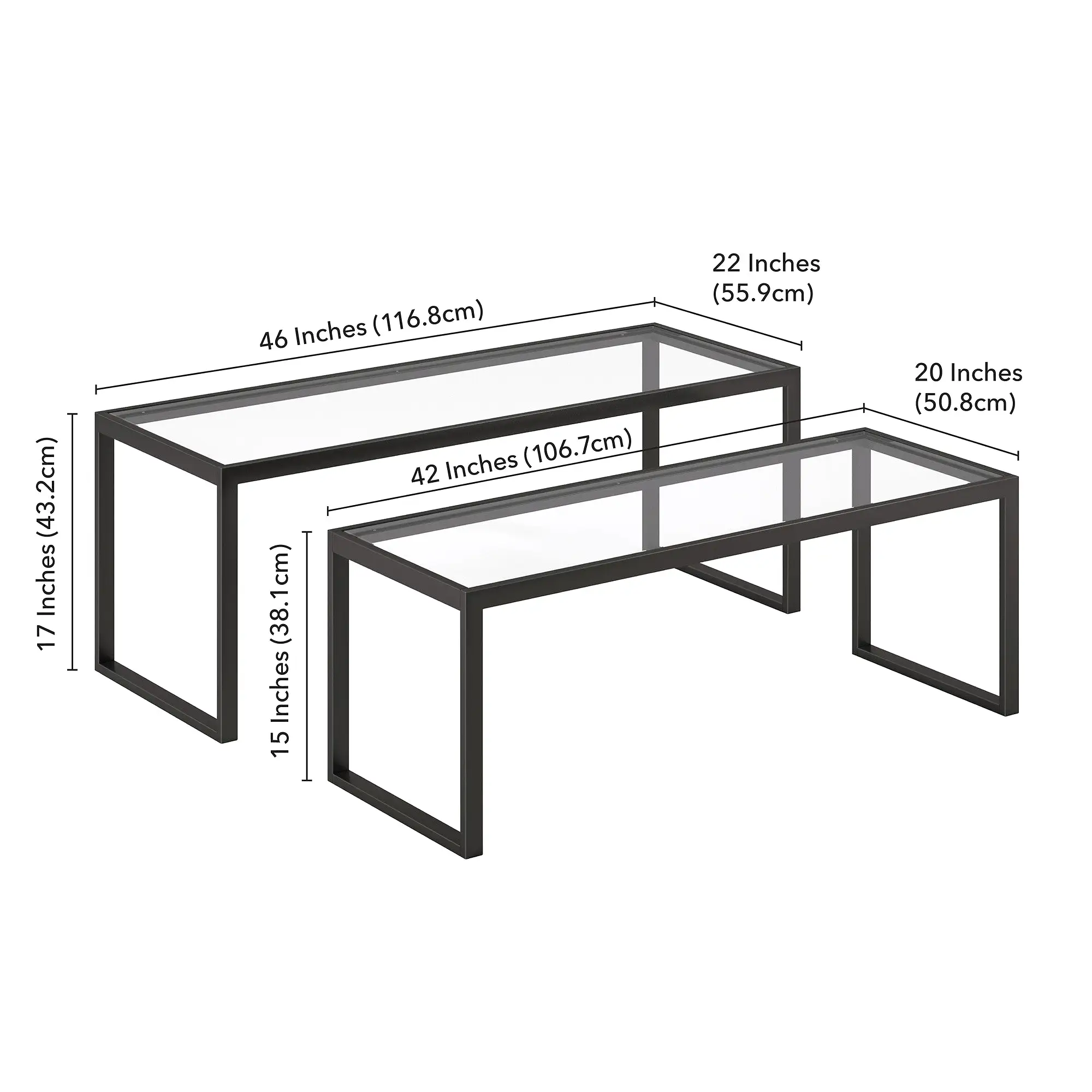 Set of Two 46 Black Glass And Steel Nested Coffee Tables