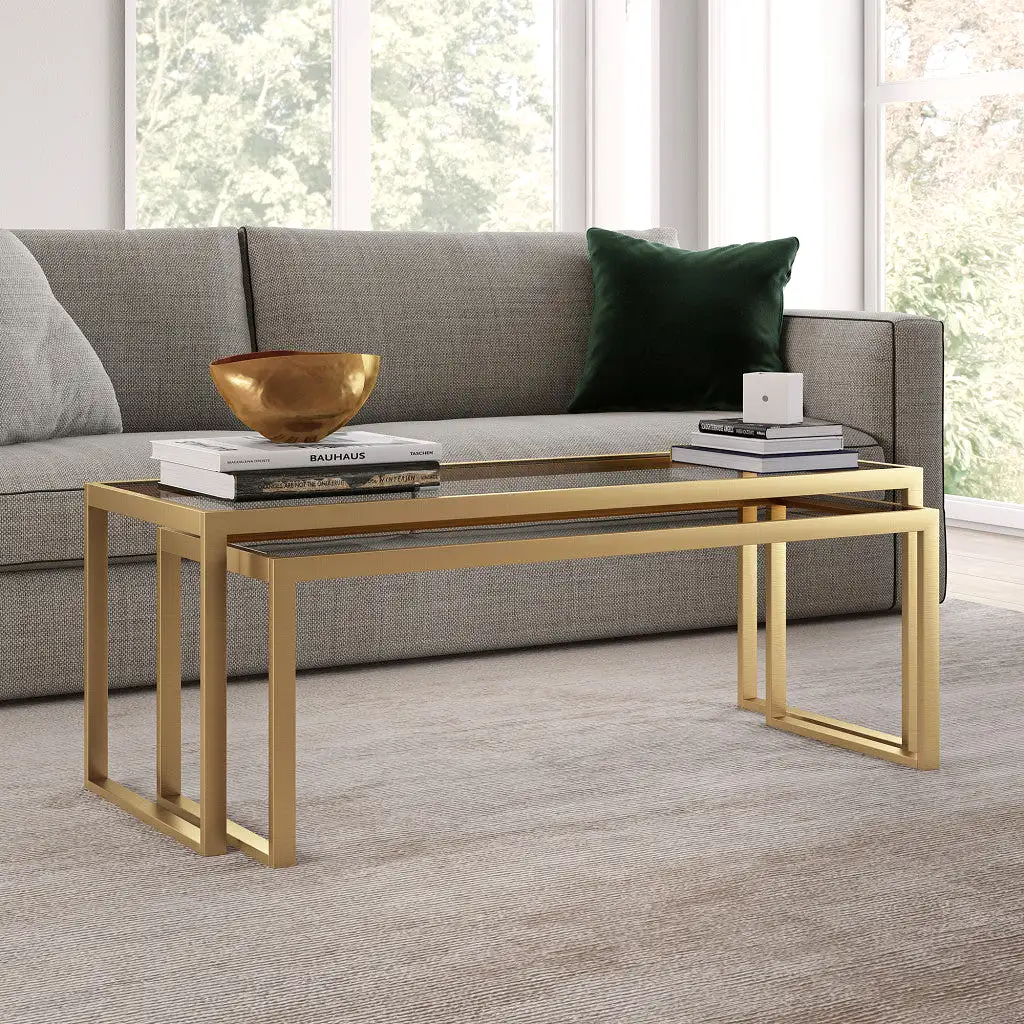 Set of Two 46 Gold Glass And Steel Nested Coffee Tables