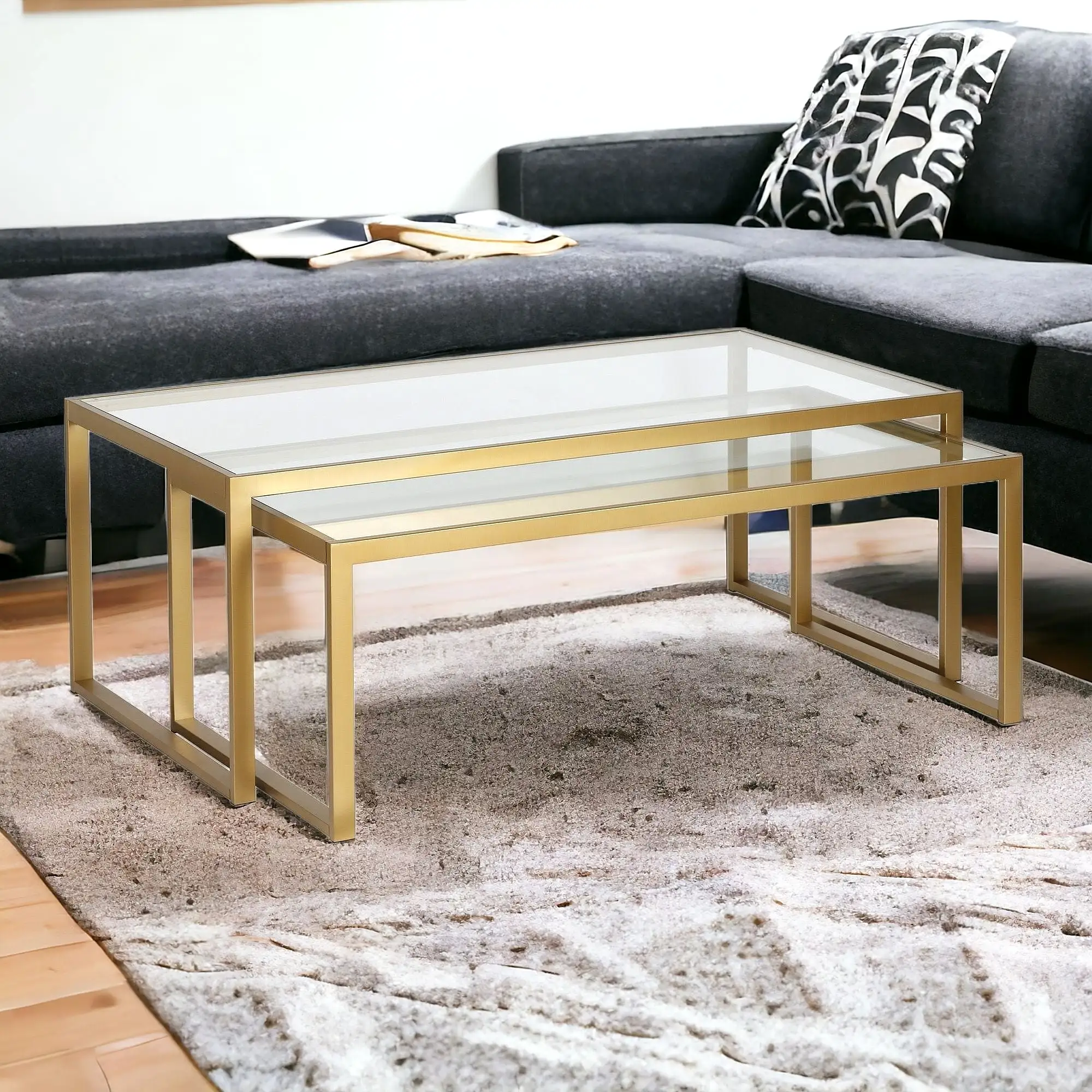 Set of Two 46 Gold Glass And Steel Nested Coffee Tables