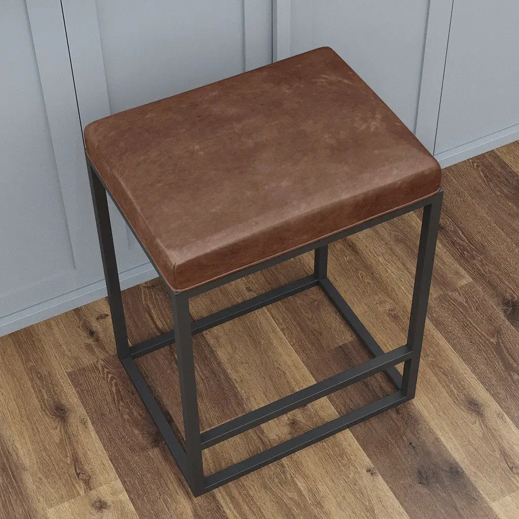 Set of Two  Brown And Black Faux Leather And Metal Backless Counter Height Bar Chairs