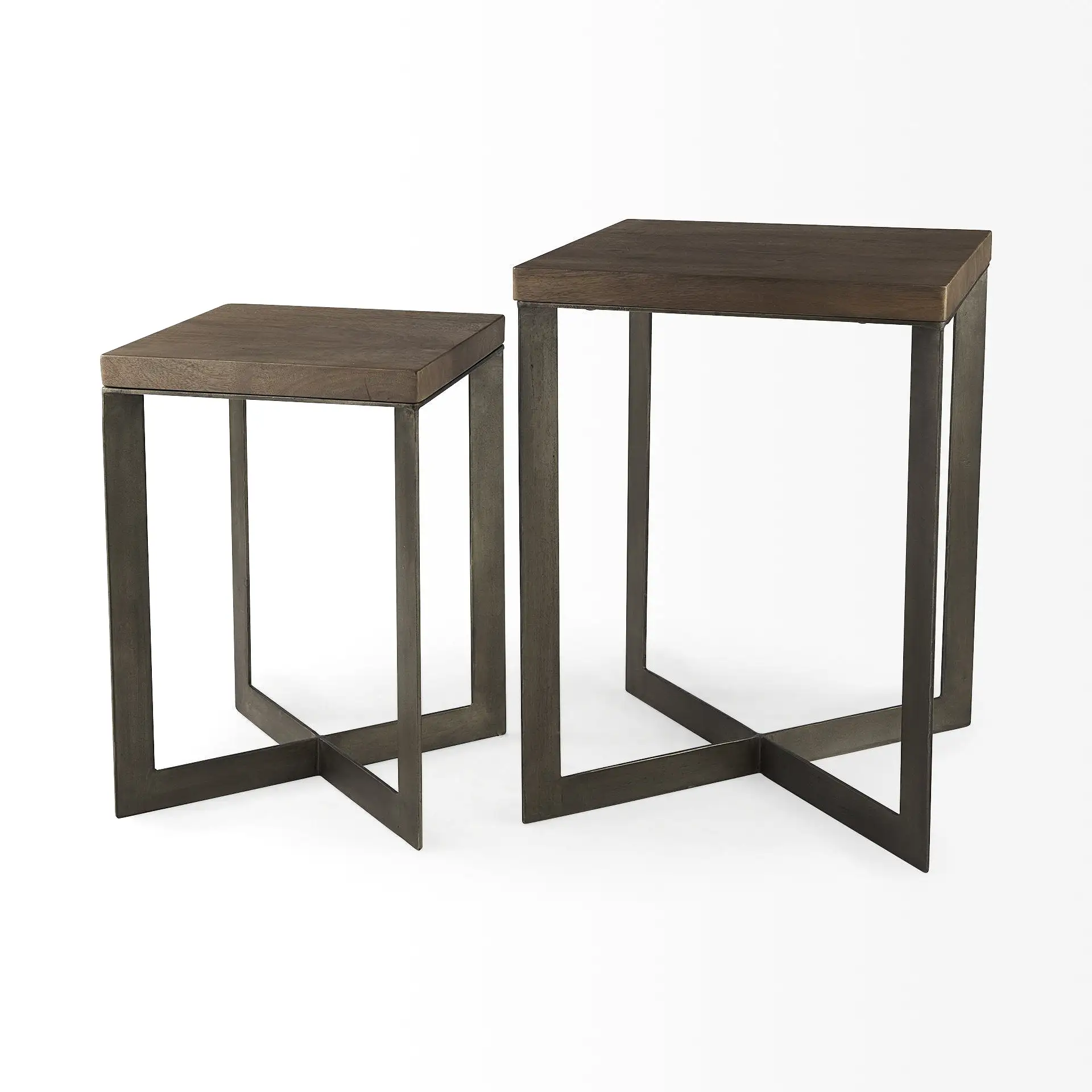 Set Of Two Geo Dark Brown Metallic And Wood Tables