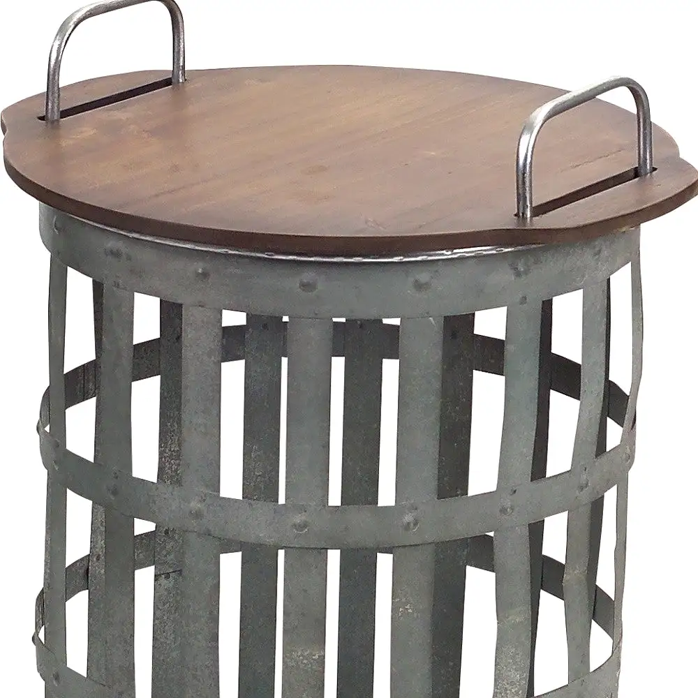 Set Of Two Grey And Brown Wood and Metal Basket Round End Tables