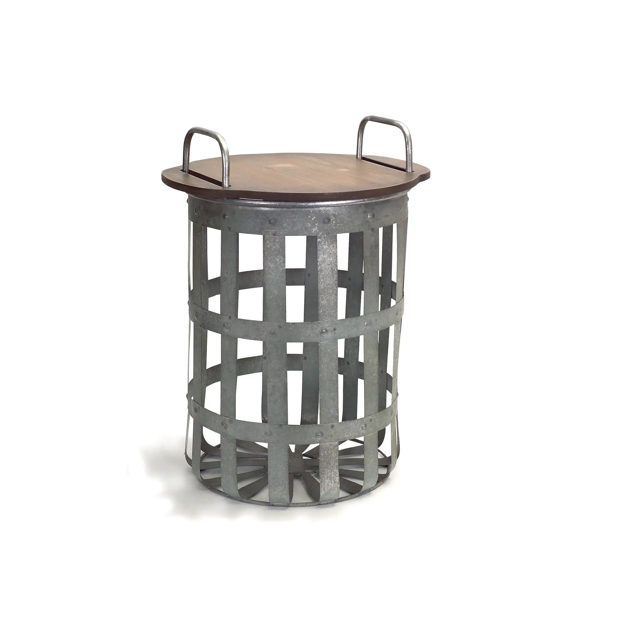 Set Of Two Grey And Brown Wood and Metal Basket Round End Tables