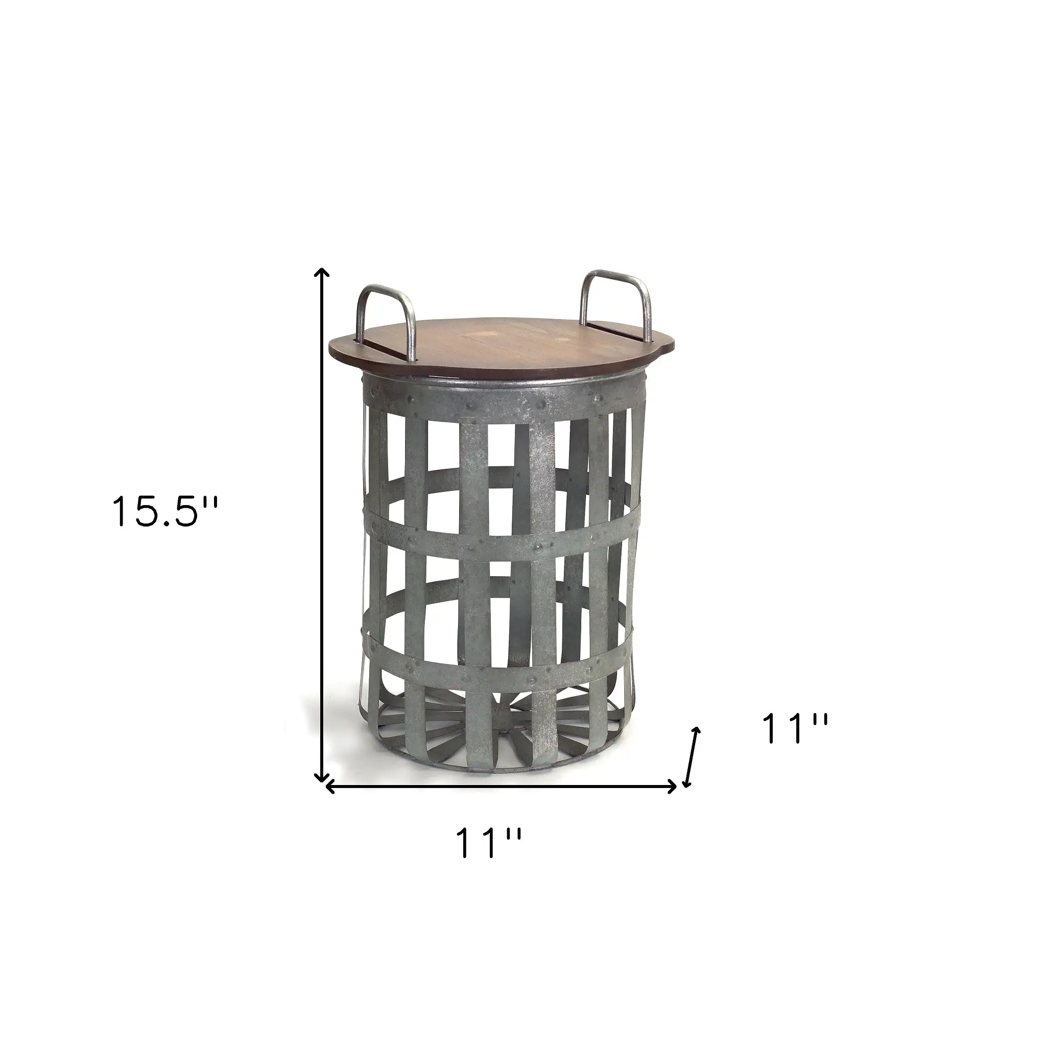 Set Of Two Grey And Brown Wood and Metal Basket Round End Tables