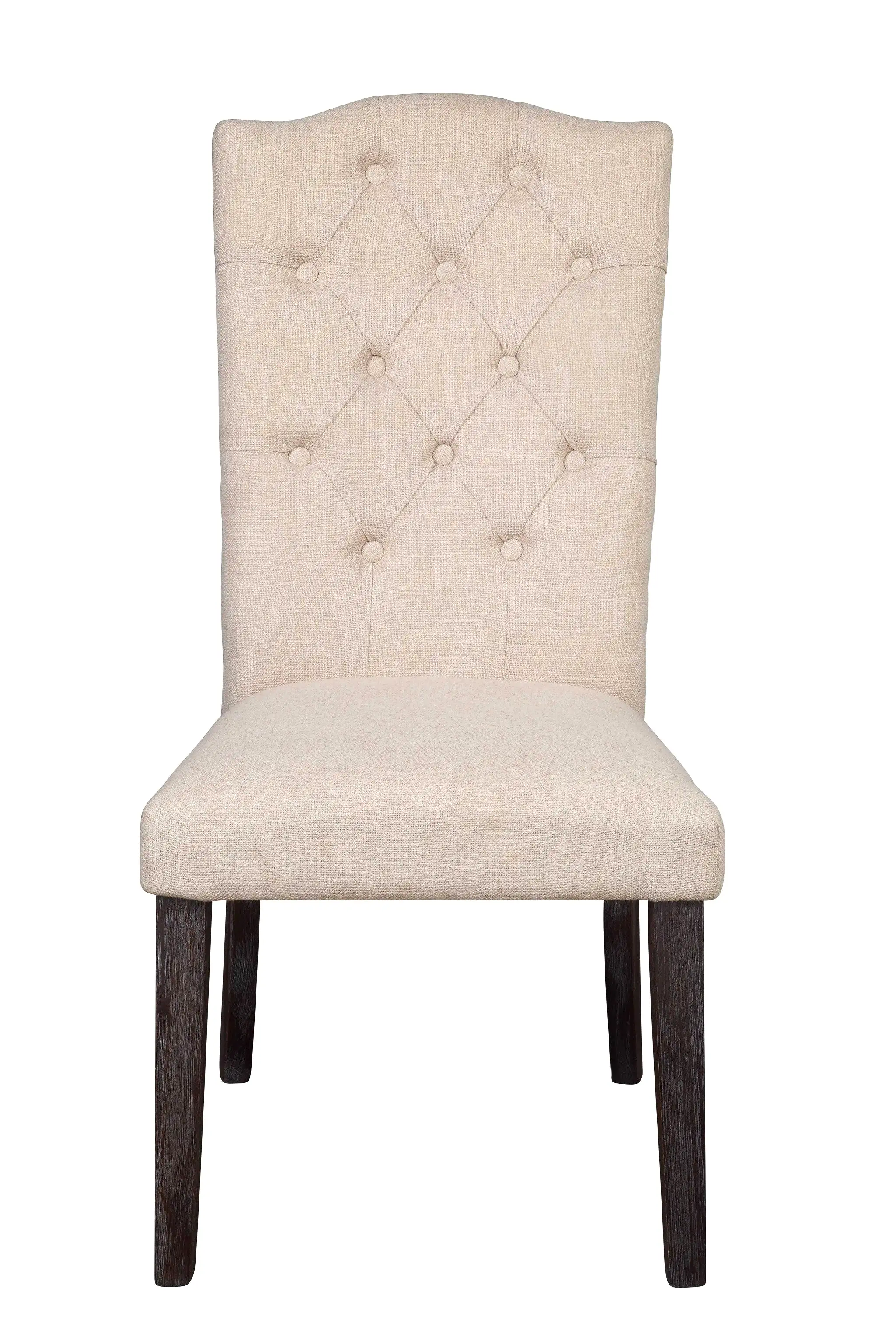 Set of Two Tufted Beige and Espresso Upholstered Linen Dining Side Chairs