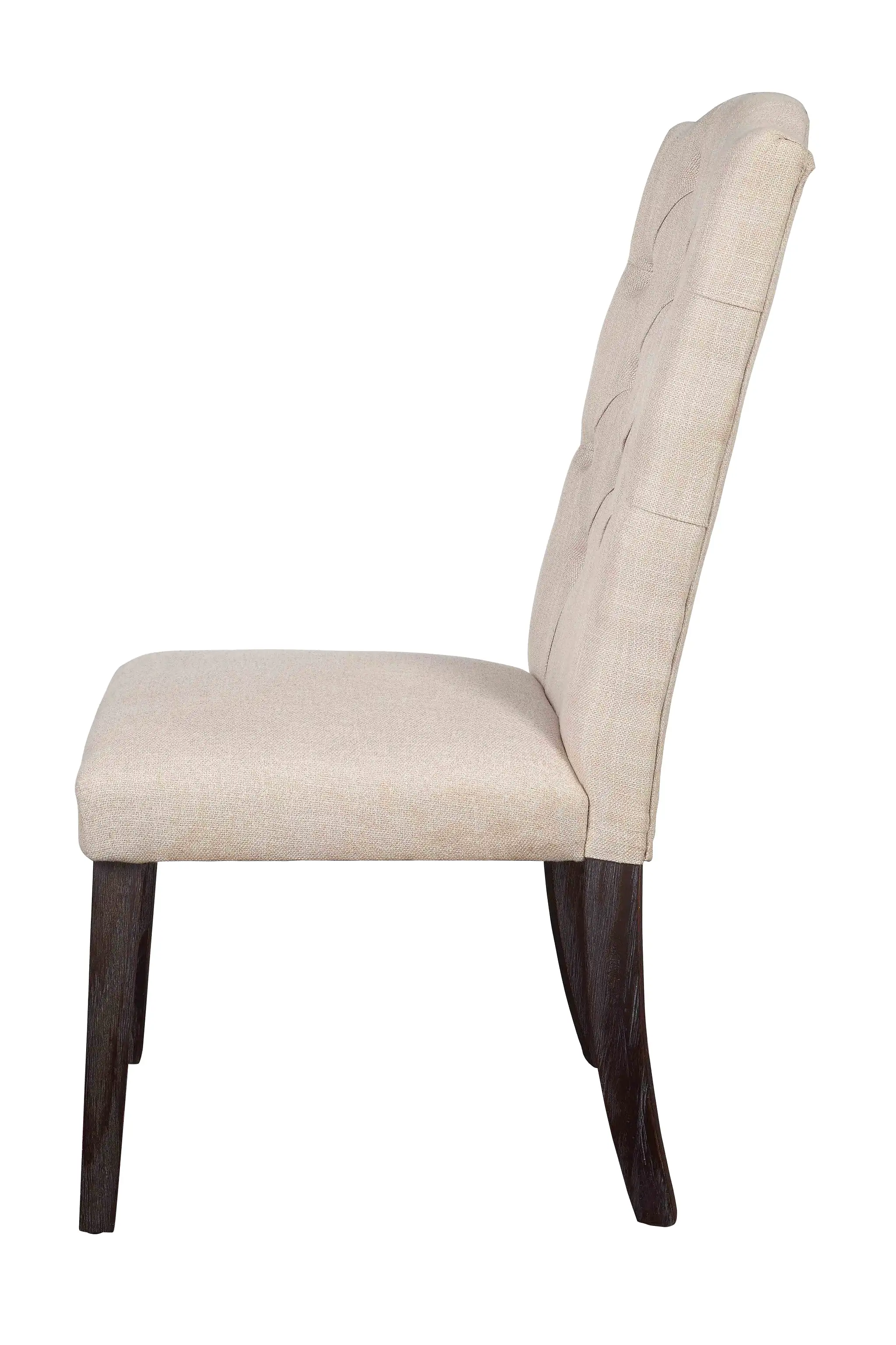 Set of Two Tufted Beige and Espresso Upholstered Linen Dining Side Chairs