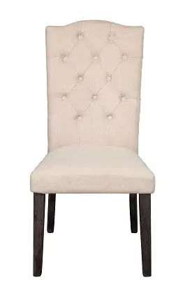 Set of Two Tufted Beige and Espresso Upholstered Linen Dining Side Chairs