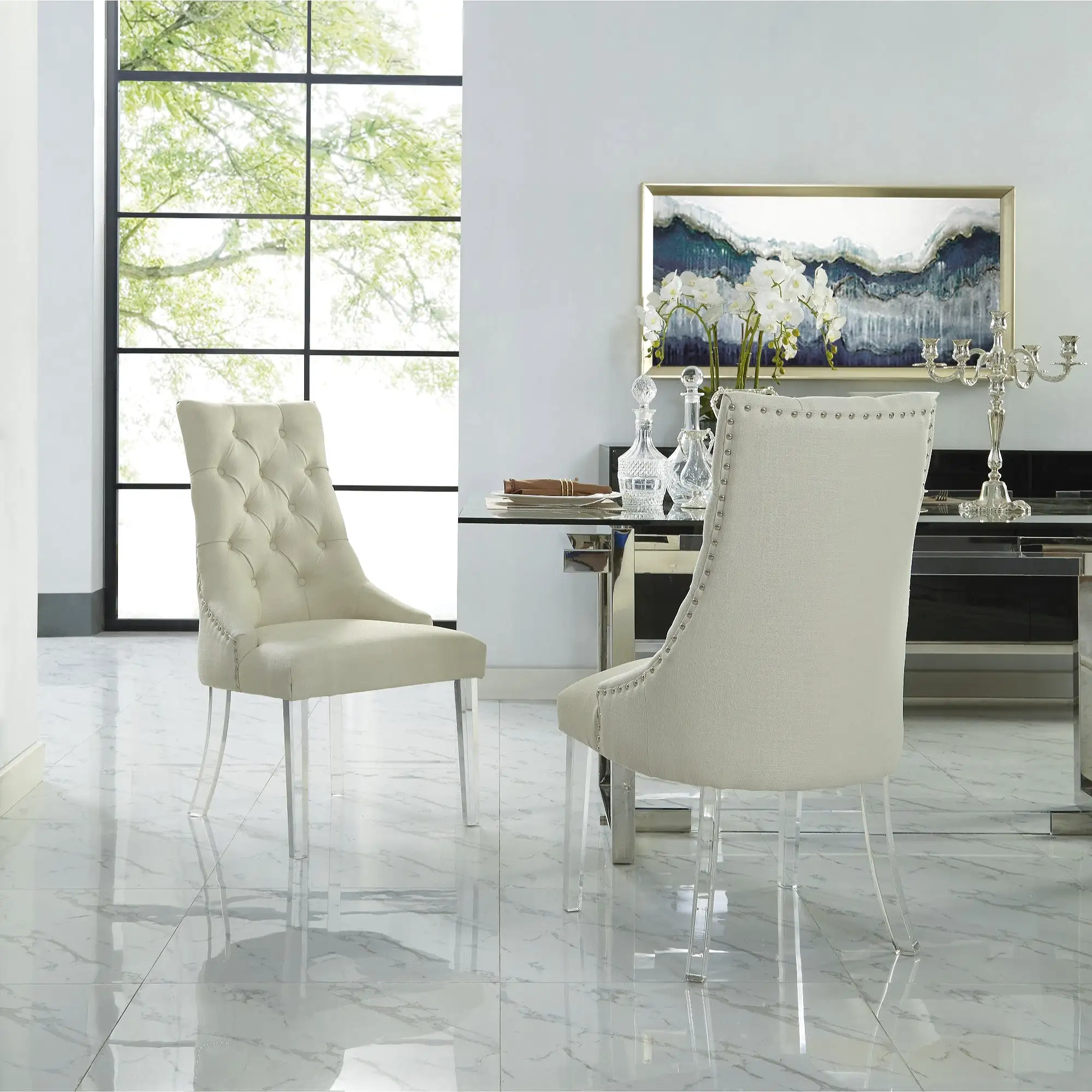 Set of Two Tufted Cream and Clear Upholstered Linen Dining Side Chairs