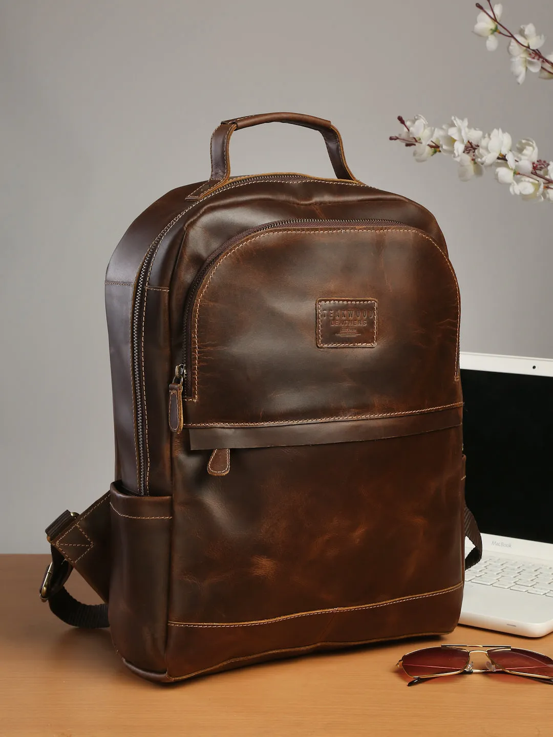 Teakwood Unisex Genuine Leather Brown solid Backpack||Unisex Laptop Bag/Backpack